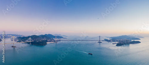 Photography Aerial view of Tsing Ma Bridge, famous landmark, Hong Kong, sunset