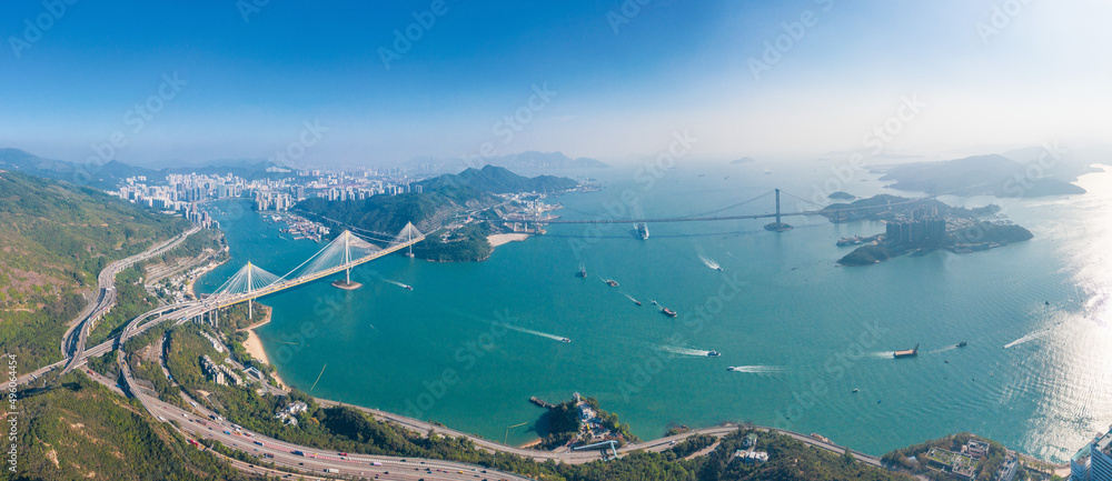 Aerial view of Tsing Ma Bridge, famous landmark, Hong Kong, sunset