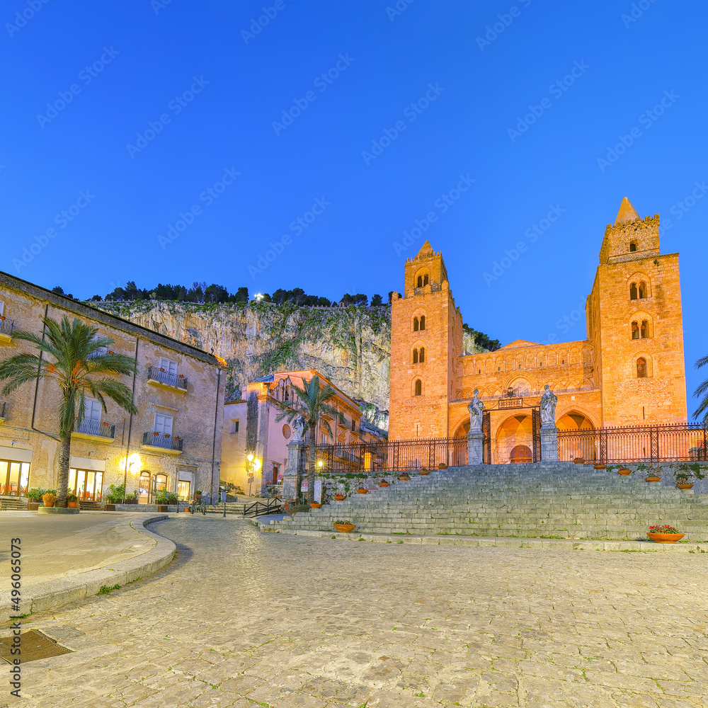 Attractive evening view on  Cathedral-Basilica of Cefalu or Duomo di Cefalu and square Piazza del Duomo