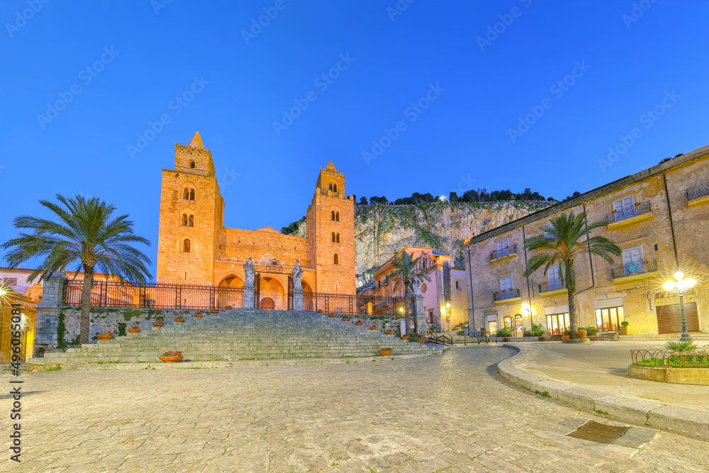 Astonishing evening view on  Cathedral-Basilica of Cefalu or Duomo di Cefalu and square Piazza del Duomo