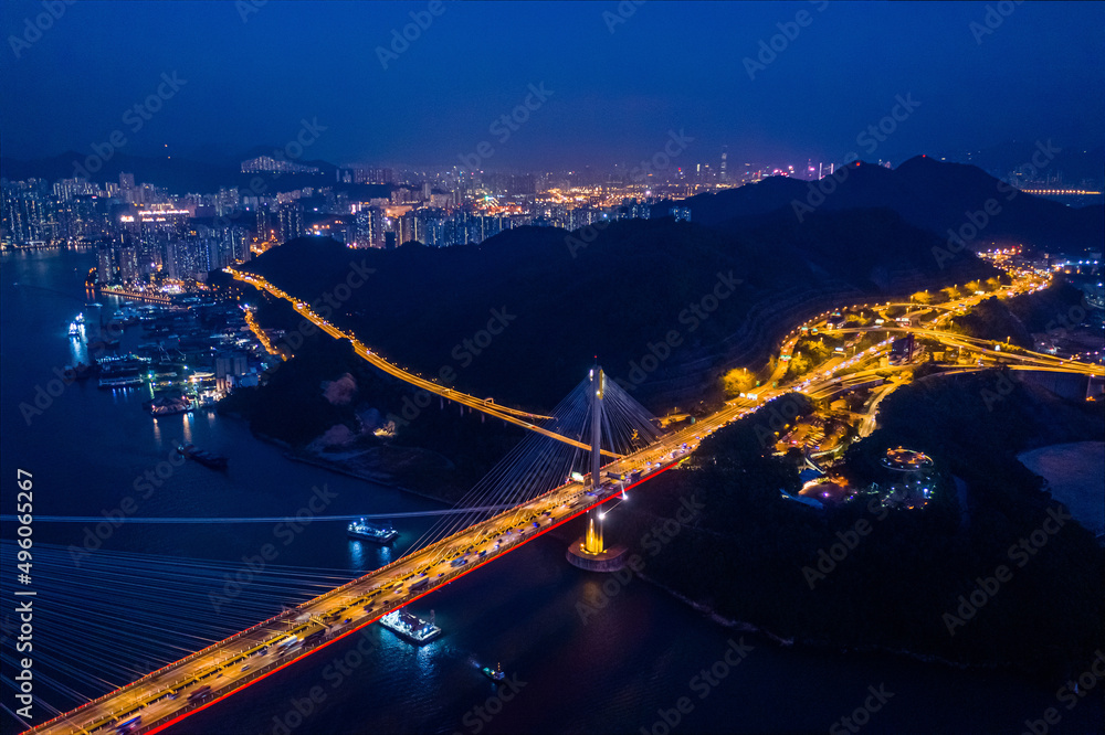 Aerial night view of ting kau bridge, famous landmark, Hong Kong