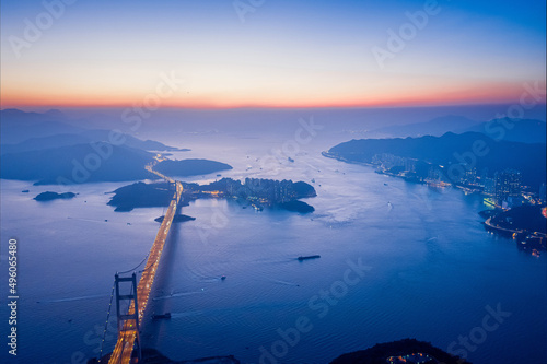 Photography Aerial night view of Tsing Ma Bridge, famous landmark, Hong Kong
