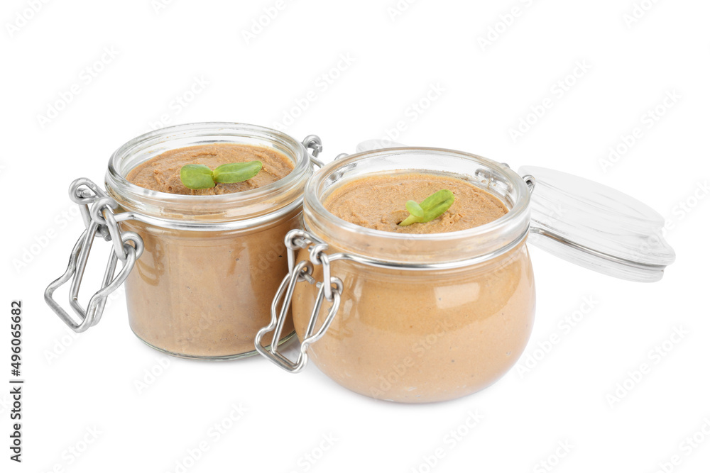 Glass jars with delicious liver pate on white background Glass jars with delicious liver pate on white background