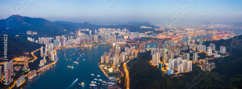 Aerial night view of Tsuen Wan, famous landmark, Hong Kong