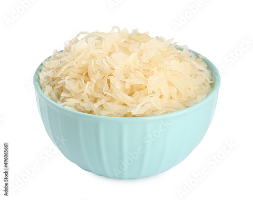 Bowl of tasty sauerkraut on white background