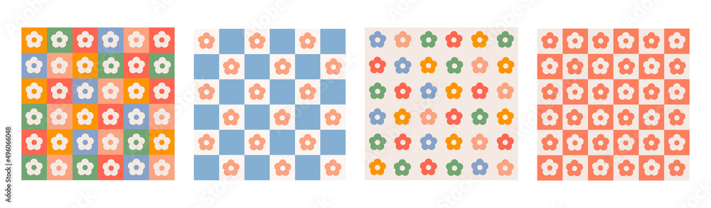 Trendy set seamless patterns with geometric shaped flowers and checkerboard. Colorful vector background in retro style 60s, 70s. Trendy set seamless patterns with geometric shaped flowers and checkerboard. Colorful vector background in retro style 60s, 70s.