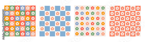 Trendy set seamless patterns with  geometric shaped flowers and checkerboard. Colorful vector background in retro style 60s, 70s.	