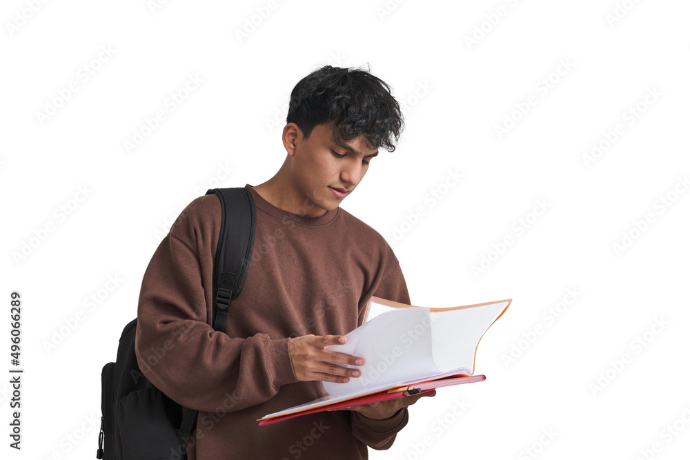 Young peruvian student going over class notes. Isolated over white background. Young peruvian student going over class notes. Isolated over white background.