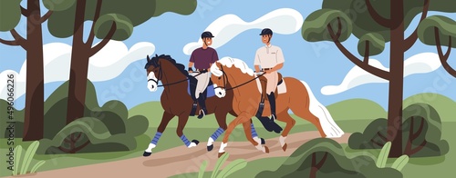 Happy people during horse ride. Men friends on stallions backs, trotting, running in forest. Horseback riders horseriding in nature. Equestrians at summer stroll in woods. Flat vector illustration