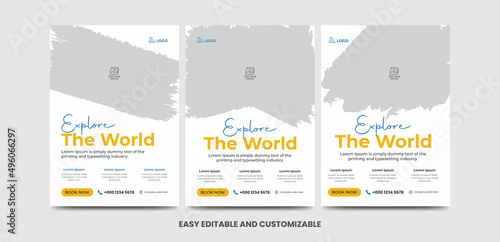 Modern poster travel flyer design template bundle. Editable tour poster template with brush stroke set