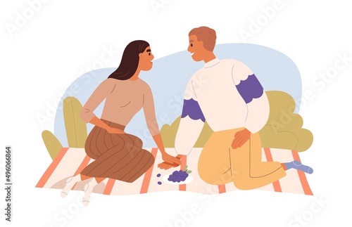 Love couple on picnic in nature. Romantic date of happy man and woman, relaxing together on blanket on summer holidays. Two enamored people. Flat vector illustration isolated on white background