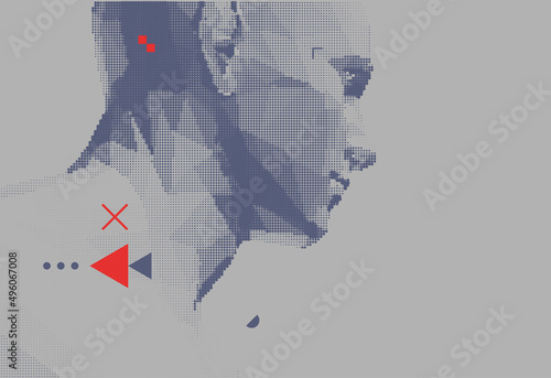 Abstract man head made from dots. Side view of dotted face background. Facial recognition. 3D vector illustration.