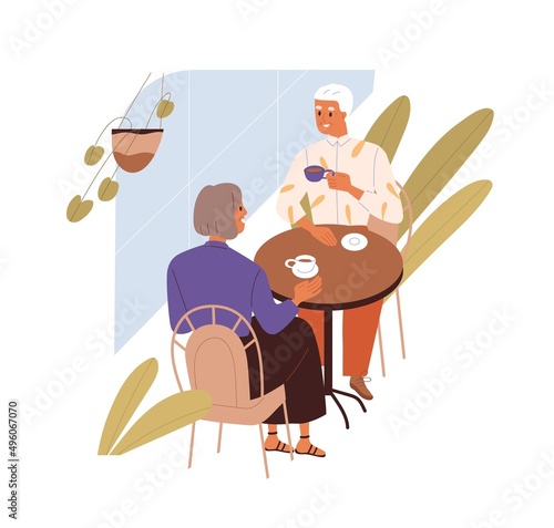 Old love couple on romantic date in cafe. Man, woman of senior age talking, sitting at table with coffee cups. Elderly people, husband and wife. Flat vector illustration isolated on white background