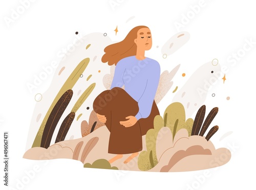 Calm tranquil carefree woman. Person finding wellbeing, harmony and balance, enjoying peace. Psychology recovery and mental health concept. Flat vector illustration isolated on white background