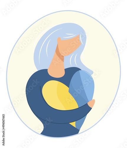 Ukrainian girl with the heart of Ukraine in her hands. Sad grieving woman Concept of grief, pain, loss, for banner design, landing page. Flat isolated vector design. Icon with a light background.
