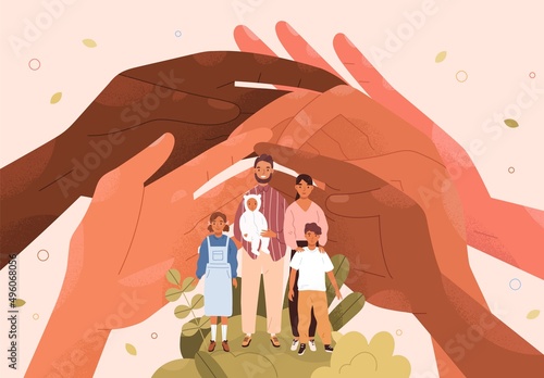 Support and help for large family. Social policy for multi-child parents concept. Hands protecting, caring about mother, father and kids. Assistance, aid from society. Flat vector illustration