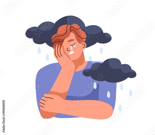 Sad depressed person crying. Depression and mental disorder, psychology concept. Unhappy man with rain and clouds. Gloomy mood and despair. Flat vector illustration isolated on white background
