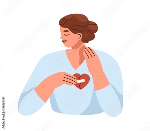 Sad woman with broken heart. Unrequited unshared love, relationship problems concept. Heartbroken unhappy person suffering from breakup, divorce. Flat vector illustration isolated on white background