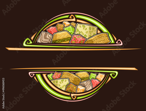 Vector border for Oriental Sweets with copy space for text, decorative sign board with illustration of heap traditional gourmet turkish baklava, homemade delicious rahat lokum, sweet lebanese baklava
