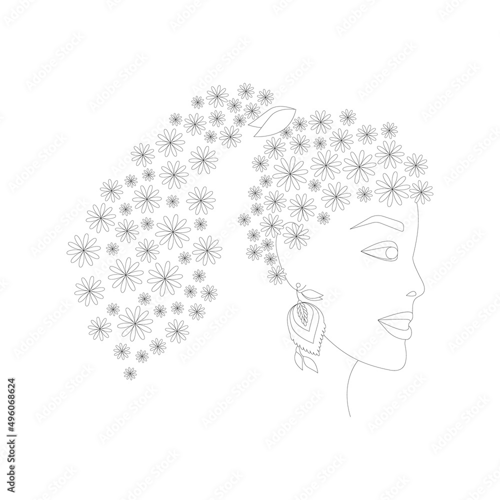 Outlined girl's face with a ponytail of flowers Outlined girl's face with a ponytail of flowers