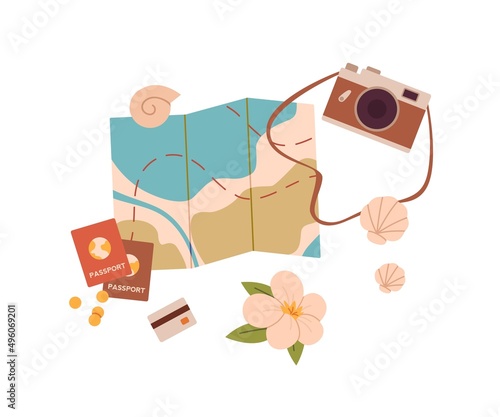 Map, camera, passports, money and bank card for sea travel. Tourists stuff, things for summer tour, vacation voyage. Travelers objects. Flat vector illustration isolated on white background