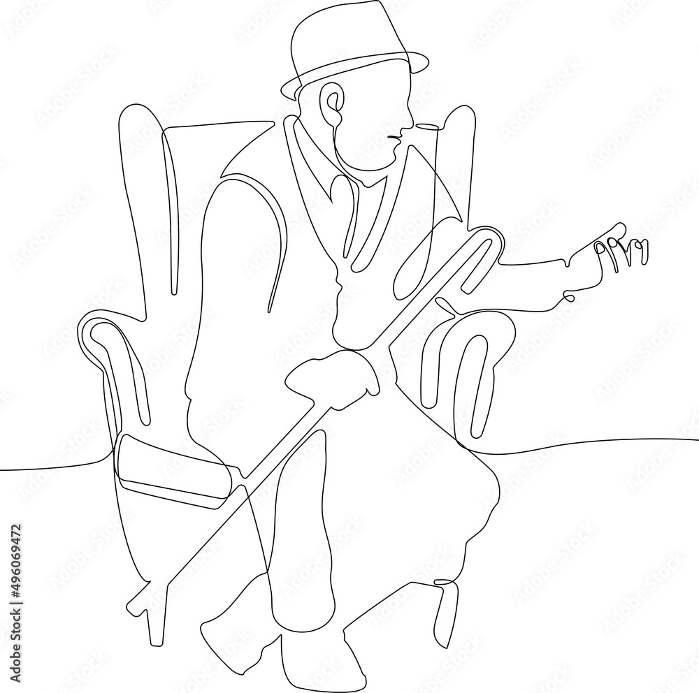 Continuous one line drawing of outline of mature man in a bathrobe sitting in an armchair and using a smartphone isolated on white background. Vector illustration