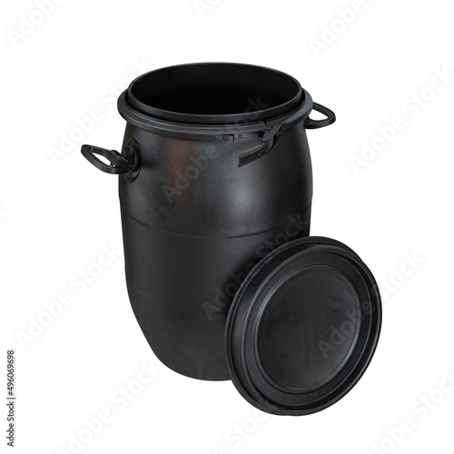 Plastic barrel with open lid black on white background, 3d render