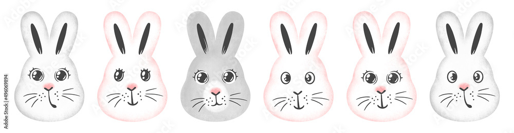 Easter Bunny set. Cute rabbit face. Design elements. Cartoon collection isolated background Easter Bunny set. Cute rabbit face. Design elements. Cartoon collection isolated background
