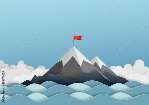 Business concept. Goal achievement, success, winning. Flag on the mountain peak. Vector illustration