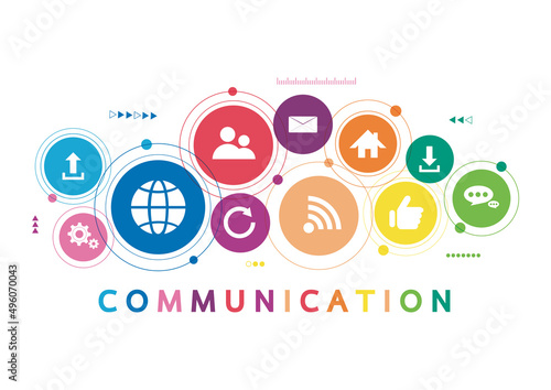 Vector illustration of a communication concept. The word communication with colorful dialog speech bubbles