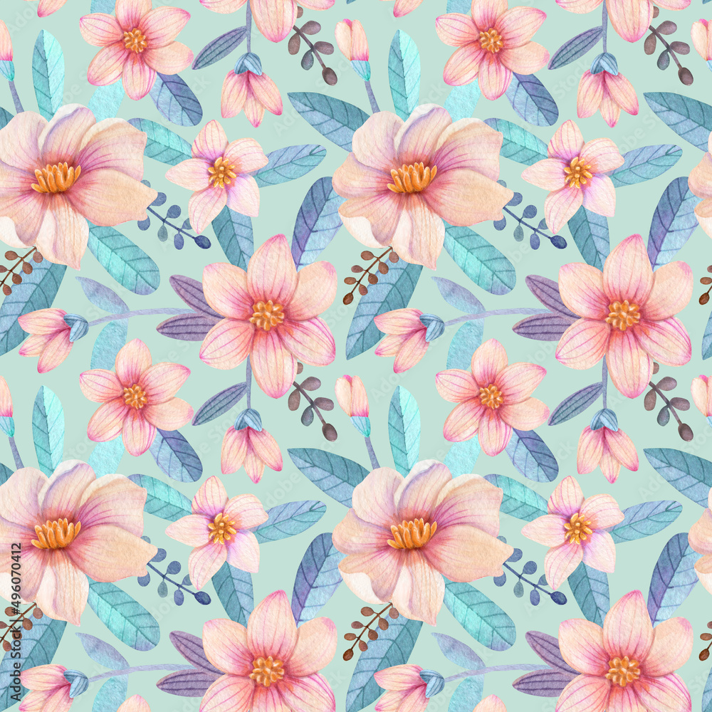 watercolor pattern with pink flowers and turquoise leaves, blossom watercolor floral pattern watercolor pattern with pink flowers and turquoise leaves, blossom watercolor floral pattern