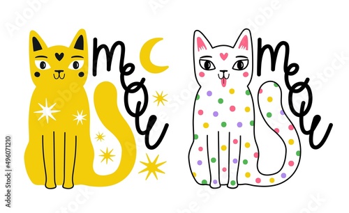 Vector illustration set with colored cats, stars, dots and lettering word Meow. Funny typography poster with domestic animal