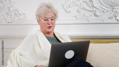 an adult woman with gray hair works at a laptop. video conference. Remote work