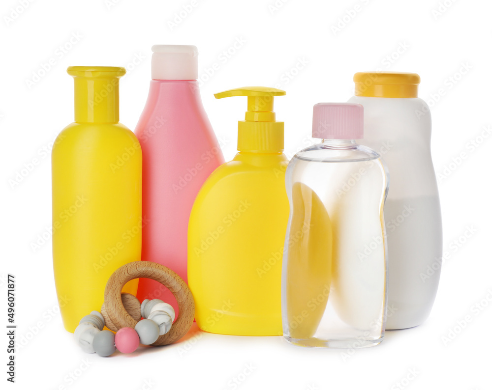 Set with different baby cosmetic products and dusting powder on white background Set with different baby cosmetic products and dusting powder on white background