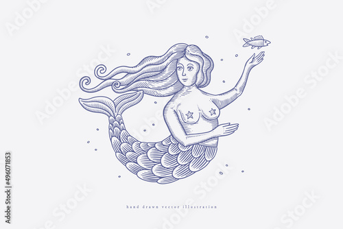 Tableau sur toile Hand-drawn mermaid woman in engraving style