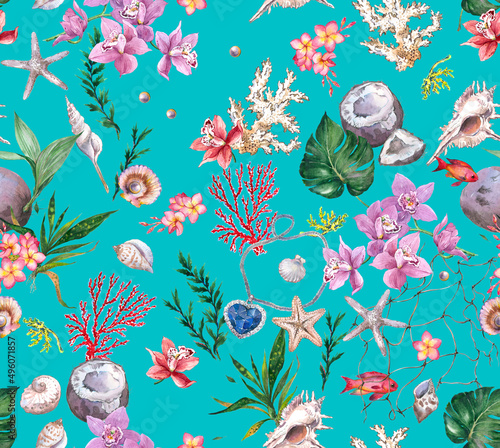Bright trendy watercolor pattern print wallpaper seamless decor textile fabric in a marine theme with corals, shells, fish, tropical flowers, orchids, coconut and leaves on a turquoise background. © Arina