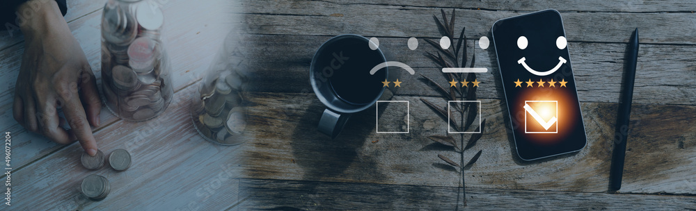Obraz premium Customer service satisfaction survey concept.Business people or customers show satisfaction through the application on the tablet screen. By giving the most satisfaction rating and 5 stars.