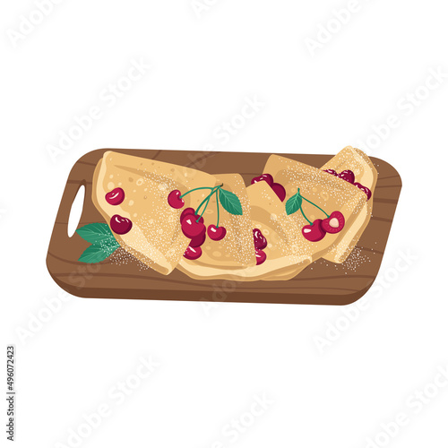 Thin pancakes on wooden board with sweet cherries. Festive dish for Maslenitsa, carnival and Shrovetide. Delicious pastries. Vector flat illustration