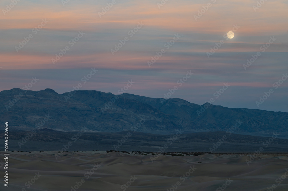 Moon Rise over Mesquite Flat Sand Dunes in Death Valley, California