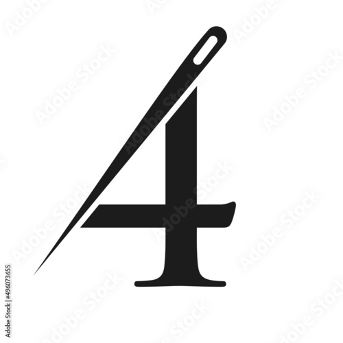 Initial Letter 4 Tailor Logo, Needle and Thread Combination for Embroider, Textile, Fashion, Cloth, Fabric Template