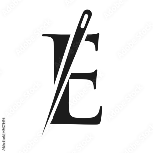 Initial Letter E Tailor Logo, Needle and Thread Combination for Embroider, Textile, Fashion, Cloth, Fabric Template