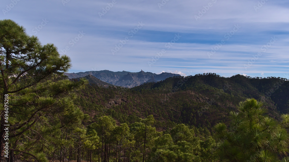 Beautiful view of the rough mountains of central Grand Canaria island, Spain viewed from Tamadaba Natural Park with popular rock Roque Nublo and trees.