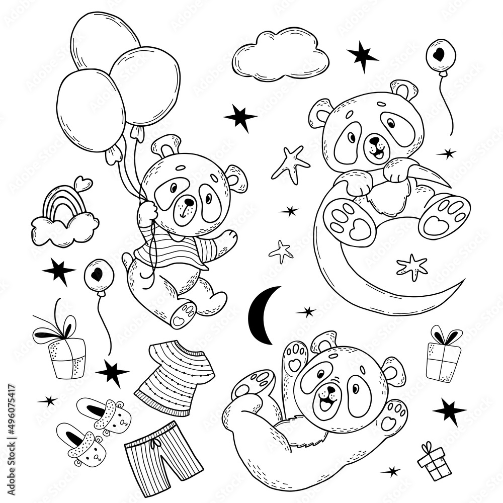 Set of cute panda characters. Panda in striped T-shirt flies on balloons, plays and hangs on moon, gifts and rainbow in clouds. Vector illustration in linear hand doodles style For nursery collection Set of cute panda characters. Panda in striped T-shirt flies on balloons, plays and hangs on moon, gifts and rainbow in clouds. Vector illustration in linear hand doodles style For nursery collection
