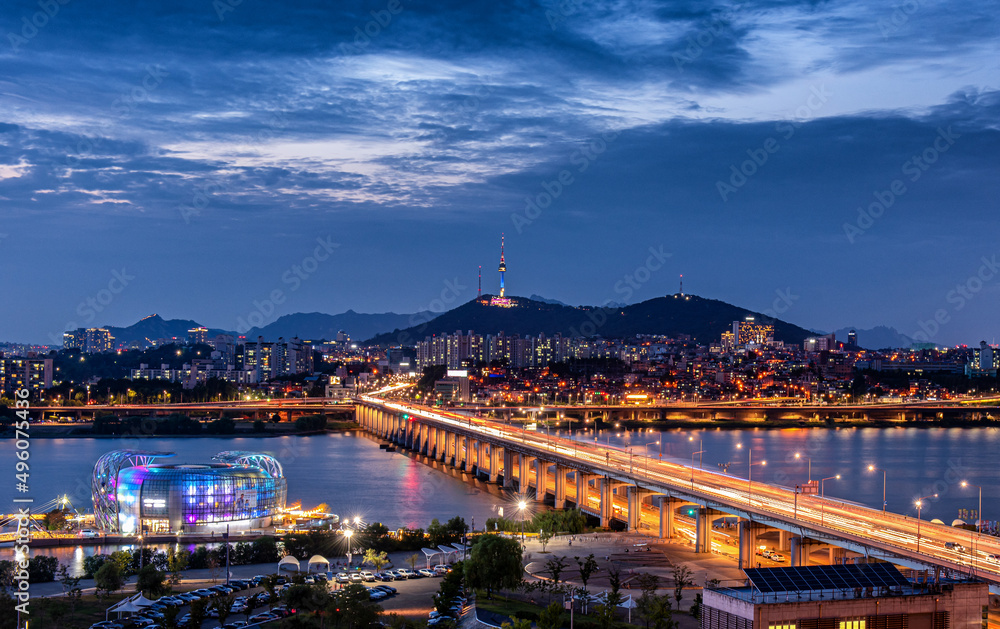 view of Seoul city at night, South Korea.