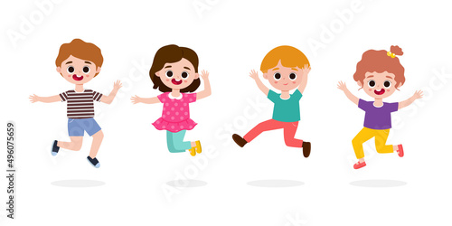 set of group Kids jumping on the park, children jump with joy, happy cartoon child playing on the playground, isolated on white background Vector Illustration