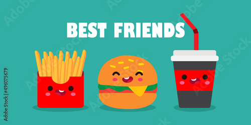 Vector Illustration Of Cute cartoon Happy hamburger, french fries, Cola,  Funny characters Best friends forever Concept food and drink poster isolated on white background 