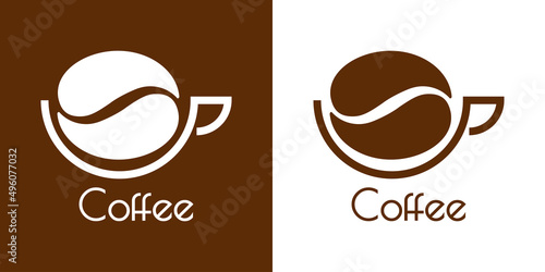 Coffee Shop. Logotipo con texto Coffee con silueta de frijol de café en taza con líneas en fondo marrón y fondo blanco photo