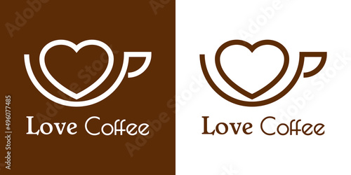 Coffee Shop. Logotipo con texto Love Coffee con silueta de corazón en taza de café con líneas en fondo marrón y fondo blanco