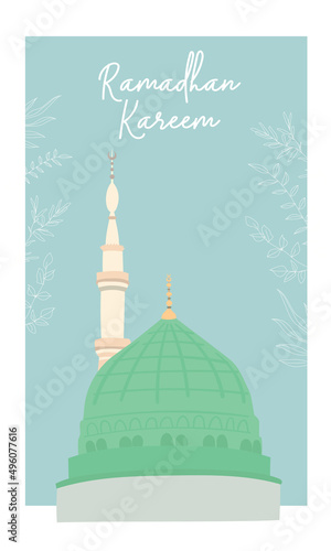 Ramadan kareem green dome of nabawi mosque illustration flat design Premium Vector for eid or Isra mi'raj islamic greeting 
