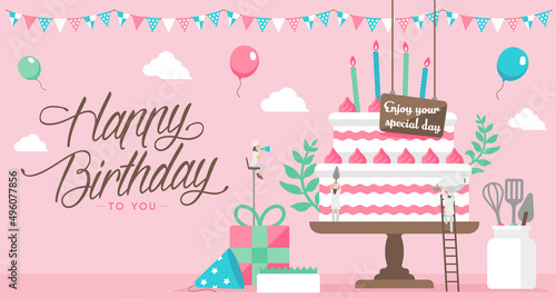 Happy birthday ( birthday cake motif ) vector banner illustration
